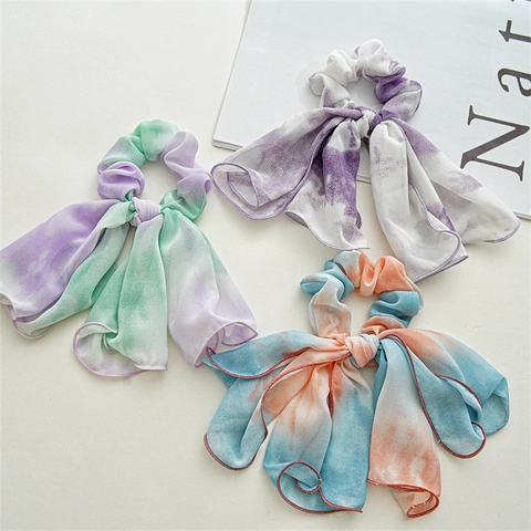 Batik Chiffon Haargummi Mit Langer Schleife Verlauf Elastisches Haarband Weiches Stoff Ponytail Halter Damen Haarschmuck