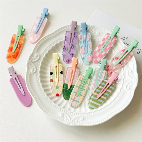 Pinzas Para El Cabello De Pico De Pato Color Macarrón Para Mujeres Niñas Estampado De Frutas Cuadros Accesorios De Plástico Metal