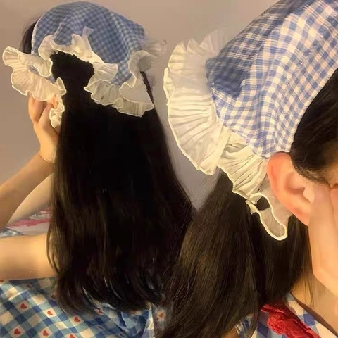 Sweet Pastoral Plaid Triangle Headscarf Lace Ruffle Trim Women Sun Protection Floral Cotton Blend Bandana Hair Accessory