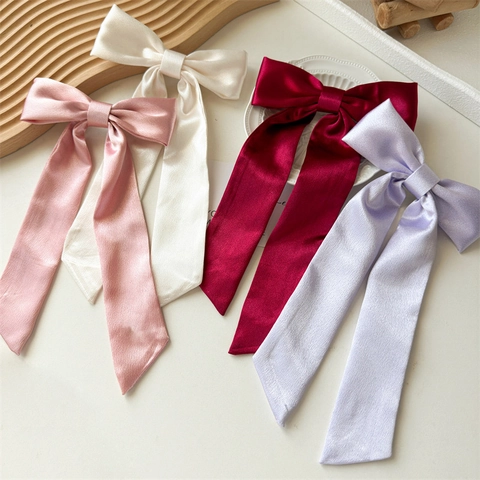 Pinza para el Cabello con Lazo de Satén Grande Elegante Cinta Larga Pinza de Pico de Pato Dulce Pasador de Color Sólido Accesorios de Moda para Mujer Boda Fiesta