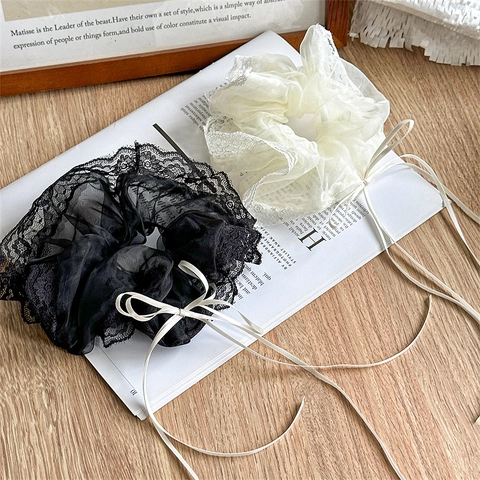 Elegant Lace Bow Knot Large Scrunchies For Women Fashion Fabric Hair Ties Ponytail Holder Hair Accessories Solid Color