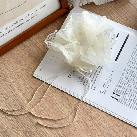 Elegant Lace Bow Knot Large Scrunchies For Women Fashion Fabric Hair Ties Ponytail Holder Hair Accessories Solid Color