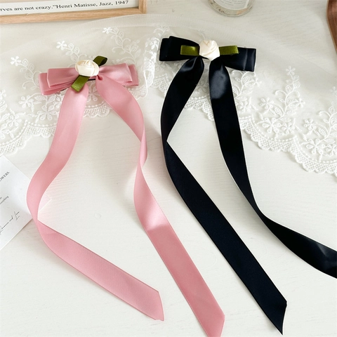 Fermaglio Capelli Fiocco Nastro Raso Stile Francese Con Rosa Molletta Fatta a Mano Elegante Accessori per Capelli per Donna