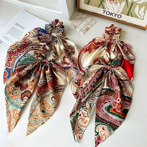 Scrunchie a nastro lungo con motivo Paisley retrò per donna elastico per capelli in finta seta stile bohémien accessori per coda di cavallo