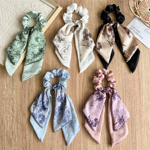 Coletero con Lazo de Tela de Satén de Doble Capa Estilo Francés con Cinta Larga Elegante Goma para el Pelo Floral para Mujer