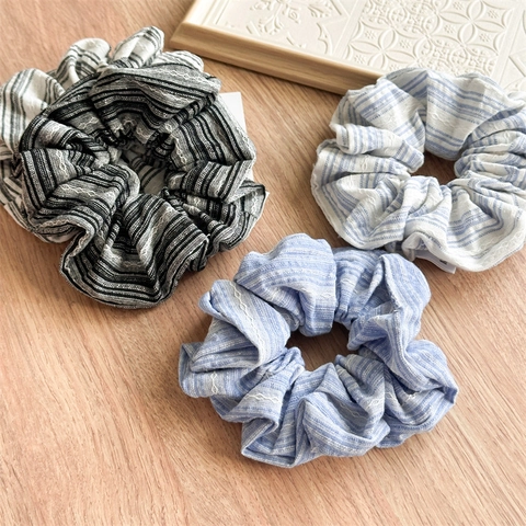 Vintage Gestreifte Stoff Haargummis Elegante Blau Schwarze Haarbänder Handgefertigte Plissierte Haarschmuck Für Damen Und Mädchen