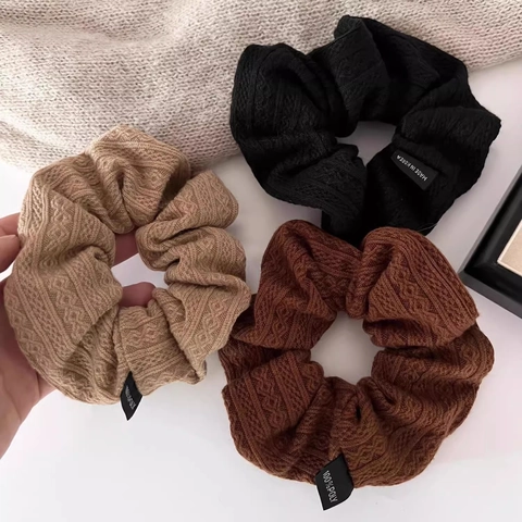 Vintage Cable Knit Scrunchie For Women Soft Polyester Elastic Hair Tie Solid Color Autumn Winter Large Hair Ring Accessories