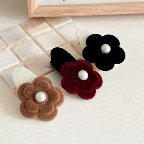 Französisch Vintage Beflockte Blume Haarspange Mit Künstlicher Perle Herbst Winter Samt Floral Pony BB Clip Für Damen