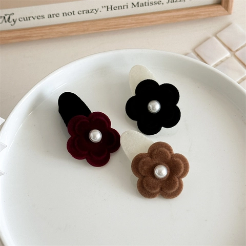 Französisch Vintage Beflockte Blume Haarspange Mit Künstlicher Perle Herbst Winter Samt Floral Pony BB Clip Für Damen