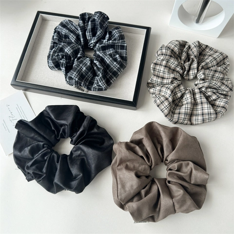 Retro Korean Style Large Scrunchies Set For Women Plaid Solid Color Fabric Pleated Hair Ties High Elastic Hair Band Accessories