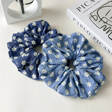 Französisch Vintage Denim Bestickt Blumig Haargummi Groß Stoff Haargummi Für Damen Romantisch Handgefertigt Gänseblümchen Kopfschmuck