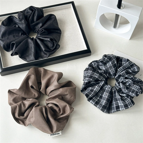 Retro Korean Style Large Scrunchies Set For Women Plaid Solid Color Fabric Pleated Hair Ties High Elastic Hair Band Accessories