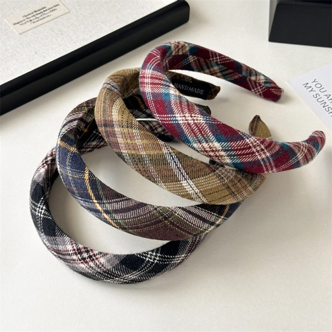 Vintage Geruite Brede Rand Haarrand Preppy Stijl Stof Verdikte Spons Haarband Handgemaakte Geruite Patroon Dames Haaraccessoires