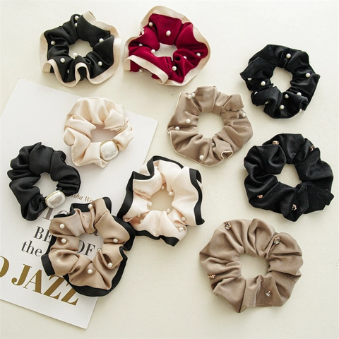 Elegant Velvet Satin Scrunchies With Artificial Pearl Rhinestone Beaded Contrast Edge High Elasticity Hair Ties For Women