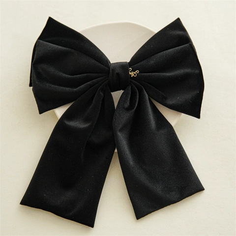 Large Velvet Bow Hair Clip Elegant Korean Style Spring Clip With Gold Metal Letter Decoration Handmade Fabric Hairpin For Women
