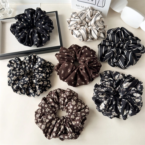 Elegant Floral Striped Chiffon Satin Scrunchies Large Pleated Hair Ties High Elastic Durable Headwear For Women Jewelry