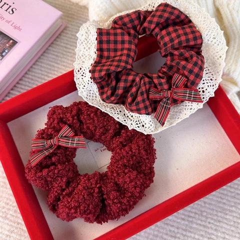 Elastico per Capelli Plaid in Lana di Agnello Rosso Con Fiocco Grande Vintage Accessori per Capelli Invernali Donna Capodanno Natale