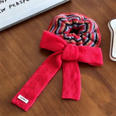 High-end Knitted Scrunchie For Women Large Red Bow Hair Tie Colorful Striped Woolen Yarn Hair Accessories Retro Style Headwear