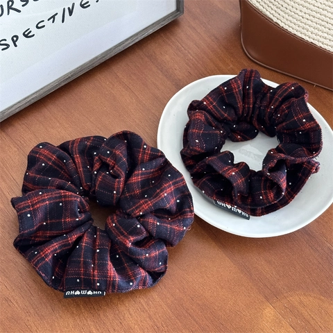 French Vintage Red Plaid Scrunchie With Rhinestone Large Fabric Ponytail Hair Tie Elastic Hair Band Accessory For Women