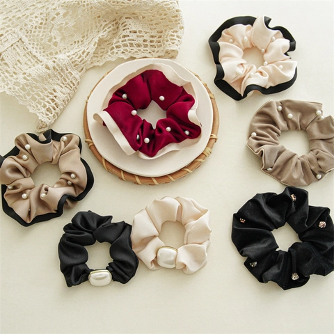 Elegant Velvet Satin Scrunchies With Artificial Pearl Rhinestone Beaded Contrast Edge High Elasticity Hair Ties For Women
