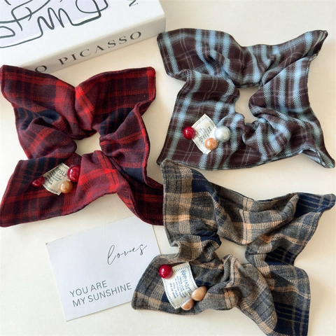 Vintage Karo Haargummi Mit Perlen Und Smile Label Preppy Stil Haarbänder Für Damen Mädchen Täglich Haarschmuck