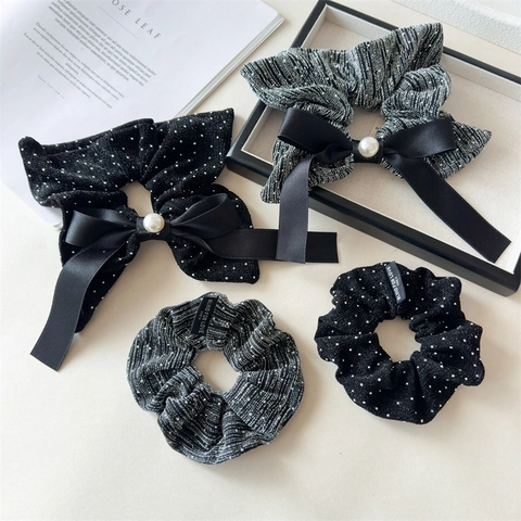 Large Fabric Bow Scrunchies Rhinestone Inlaid Faux Artificial Pearl Hair Ties For Women Vintage Elegant French Style Hair Accessories
