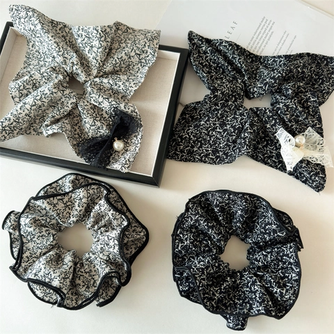 Elegant Floral Print Oversized Scrunchie With Lace Bow And Faux Artificial Pearl Vintage Elastic Hair Tie Fashion Accessory For Women