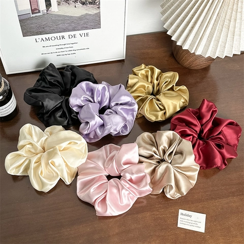 Oversized Satin Scrunchies For Women Elegant French Style Hair Ties Silk Texture Fabric Hair Rings Vintage Solid Color Headwear