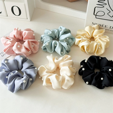 French Style Satin Artificial Pearl Large Scrunchies High Elastic Solid Color Hair Tie For Women Elegant Hair Accessories