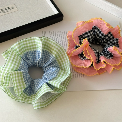 Coletero con Volantes a Cuadros de Gran Tamaño para Mujeres Niñas de Alta Elasticidad Bloque de Color Tela Lazo para el Pelo con Borde de Encaje Accesorios para el Cabello Vintage