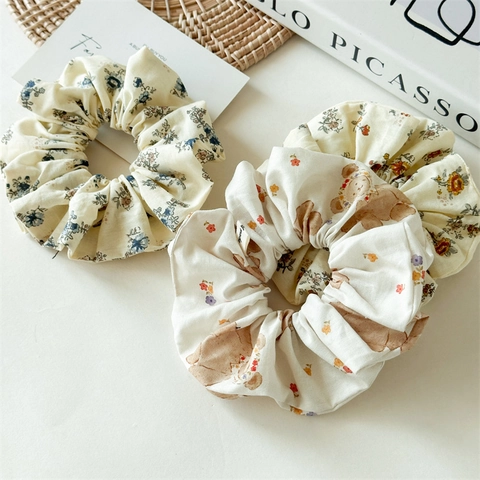 Sweet Floral Bear Print Fabric Scrunchies High Elasticity Handmade Hair Ties For Women Girls Fashion Hair Accessories