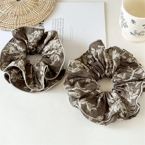 Elastico per Capelli Scrunchie Oversize Vintage con Stampa Floreale Tessuto Plissettato con Bordo Piping Eleganti Accessori per Capelli Donna