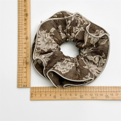 Elastico per Capelli Scrunchie Oversize Vintage con Stampa Floreale Tessuto Plissettato con Bordo Piping Eleganti Accessori per Capelli Donna