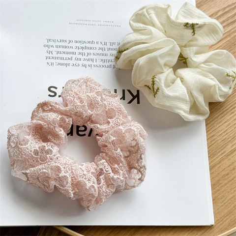 Scrunchies Ricamati in Pizzo Organza Vintage Francese per Donna Motivo Floreale Fresco Elastici per Capelli in Tessuto