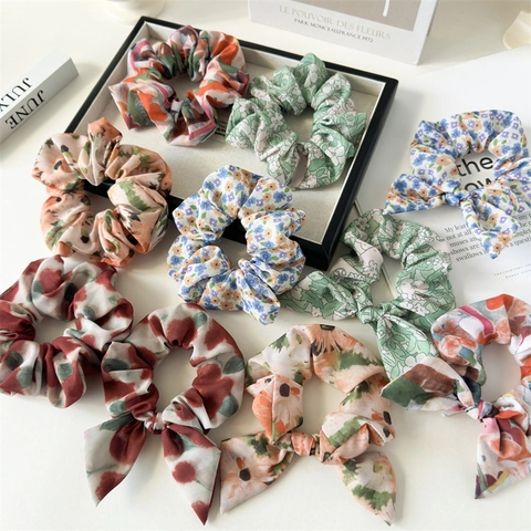 Scrunchies in Chiffon Floreale Tie-Dye per Donna Fiocco Elastici per Capelli Stile Pastorale Vintage Fasce per Capelli Fatti a Mano Accessori