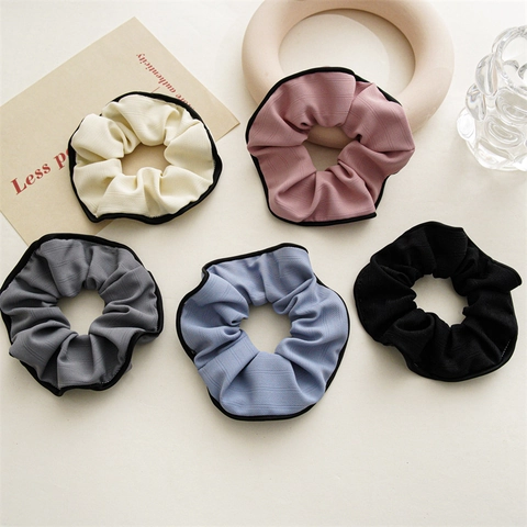 Französisch Vintage Stoff Fischgrätenmuster Scrunchie Groß Elastisch Haargummi Mit Schwarzer Paspelierung Elegant Damen Haarschmuck
