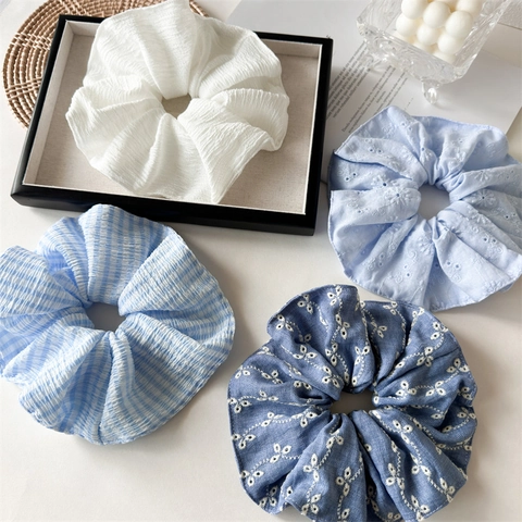 Oversized Hollow Out Embroidered Scrunchie For Women Elegant Pleated Fabric Hair Tie Striped Solid Gingham Hair Accessory