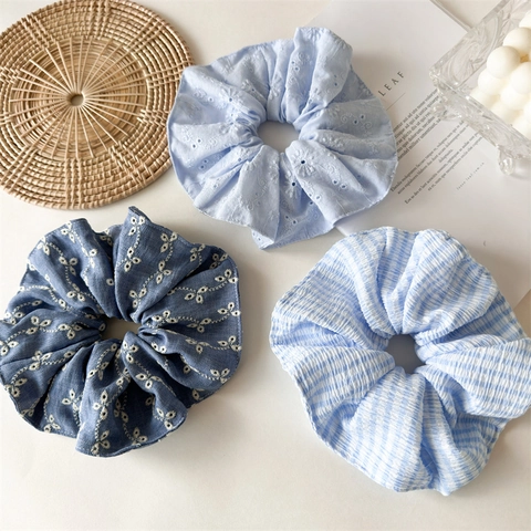 Oversized Hollow Out Embroidered Scrunchie For Women Elegant Pleated Fabric Hair Tie Striped Solid Gingham Hair Accessory