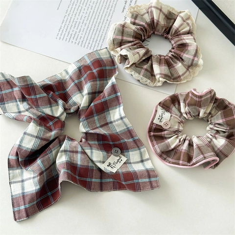 Chouchous en Tissu à Carreaux Vintage Avec Bordure en Dentelle et Bouton Style Coréen Grands Élastiques Cheveux Pour Femmes