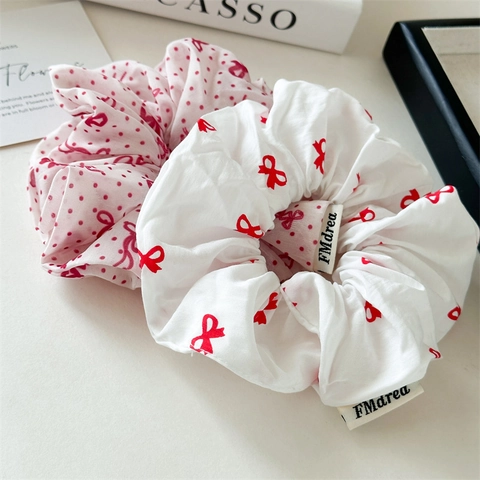 Fascia per Capelli Elastica Scrunchie Grande in Tessuto con Fiocco Stile Coreano Dolce Motivo a Pois con Fiocco Rosso