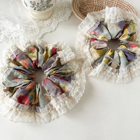French Vintage Floral Scrunchie Large Lace Trim Hair Tie Famous Painting Print Bow Knot Elegant Hair Accessories Women