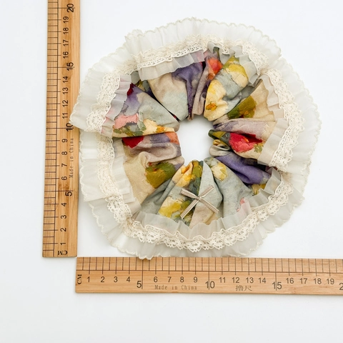 French Vintage Floral Scrunchie Large Lace Trim Hair Tie Famous Painting Print Bow Knot Elegant Hair Accessories Women