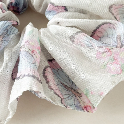 Oversized Butterfly Print Satin Fabric Scrunchie Large Ponytail Holder Elastic Hair Tie With Sequins Women Hair Accessories