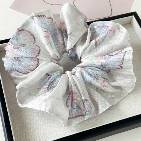 Oversized Butterfly Print Satin Fabric Scrunchie Large Ponytail Holder Elastic Hair Tie With Sequins Women Hair Accessories