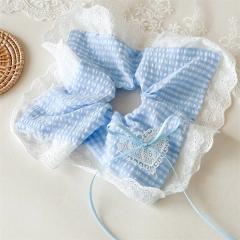 French Blue Gingham Lace Scrunchies Large Hair Tie With Ribbon Bow Butterfly Pattern Heart Decor Sweet Hair Accessories