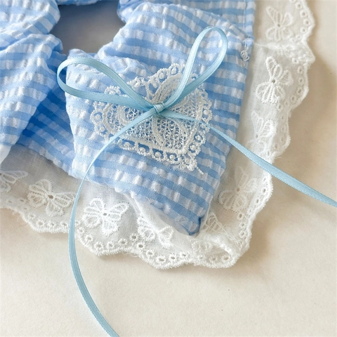 French Blue Gingham Lace Scrunchies Large Hair Tie With Ribbon Bow Butterfly Pattern Heart Decor Sweet Hair Accessories