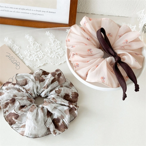 Luxury Chiffon Large Floral Scrunchie With Bow Knot Elegant Hair Tie For Women Korean Style Vintage Flower Print Holder