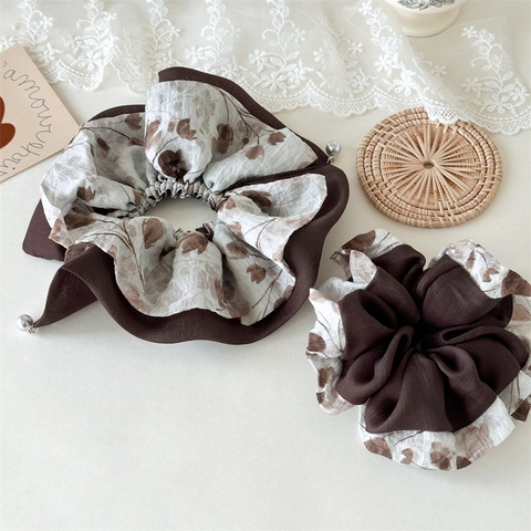 Chouchous en Mousseline Élégants avec Blocs de Couleur pour Femmes Vintage Floraux avec Fausse Künstliche Perle Accessoires Cheveux