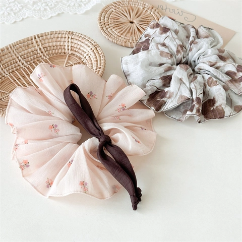 Luxury Chiffon Large Floral Scrunchie With Bow Knot Elegant Hair Tie For Women Korean Style Vintage Flower Print Holder