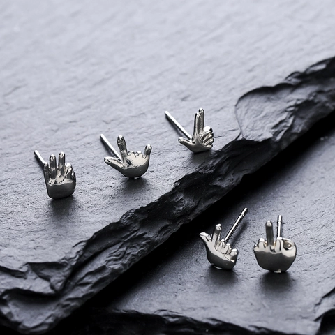 Stainless Steel Gesture Stud Earrings Silver Plated Finger Sign Daily Hip Hop Style Men Women Personal Fashion Jewelry